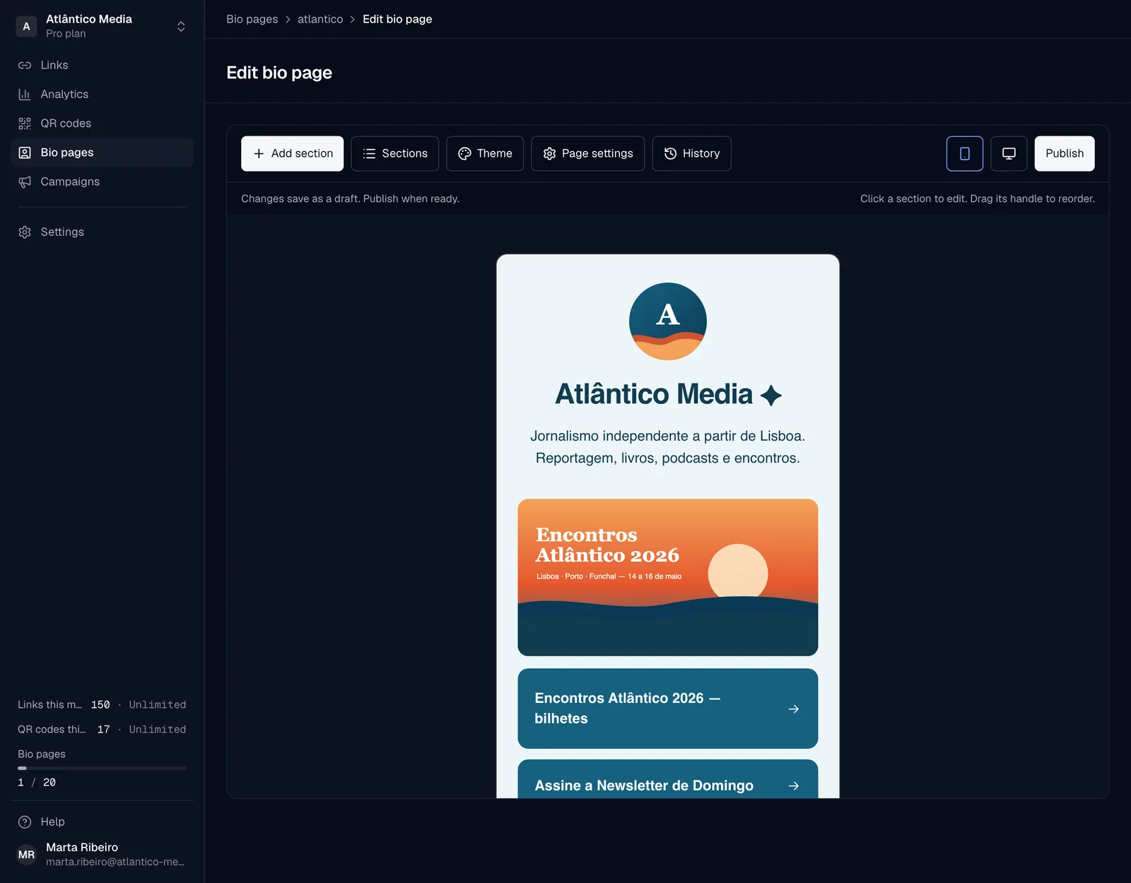 The bio page editor with a live preview of the published page
