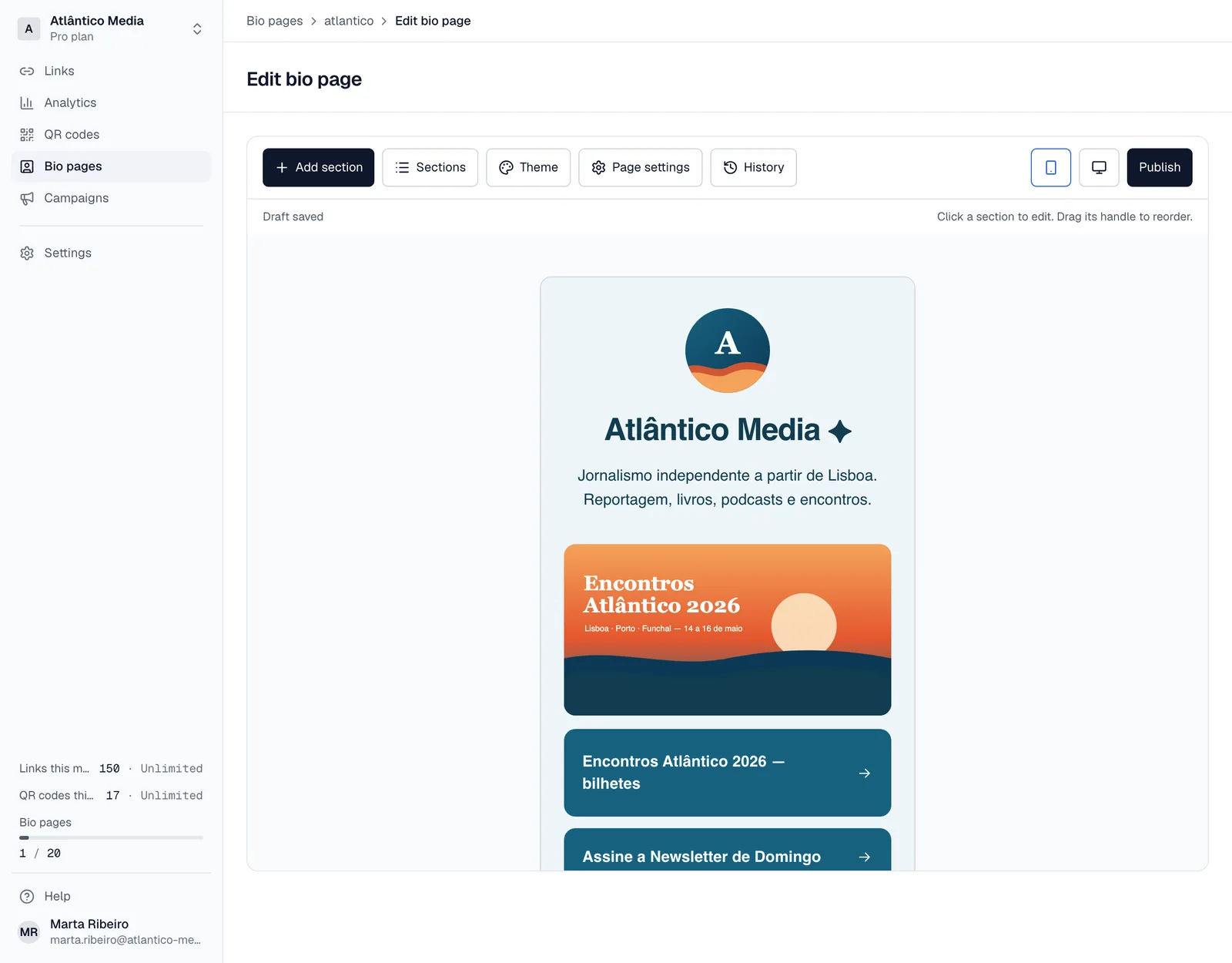 The bio page editor with a live preview of the published page