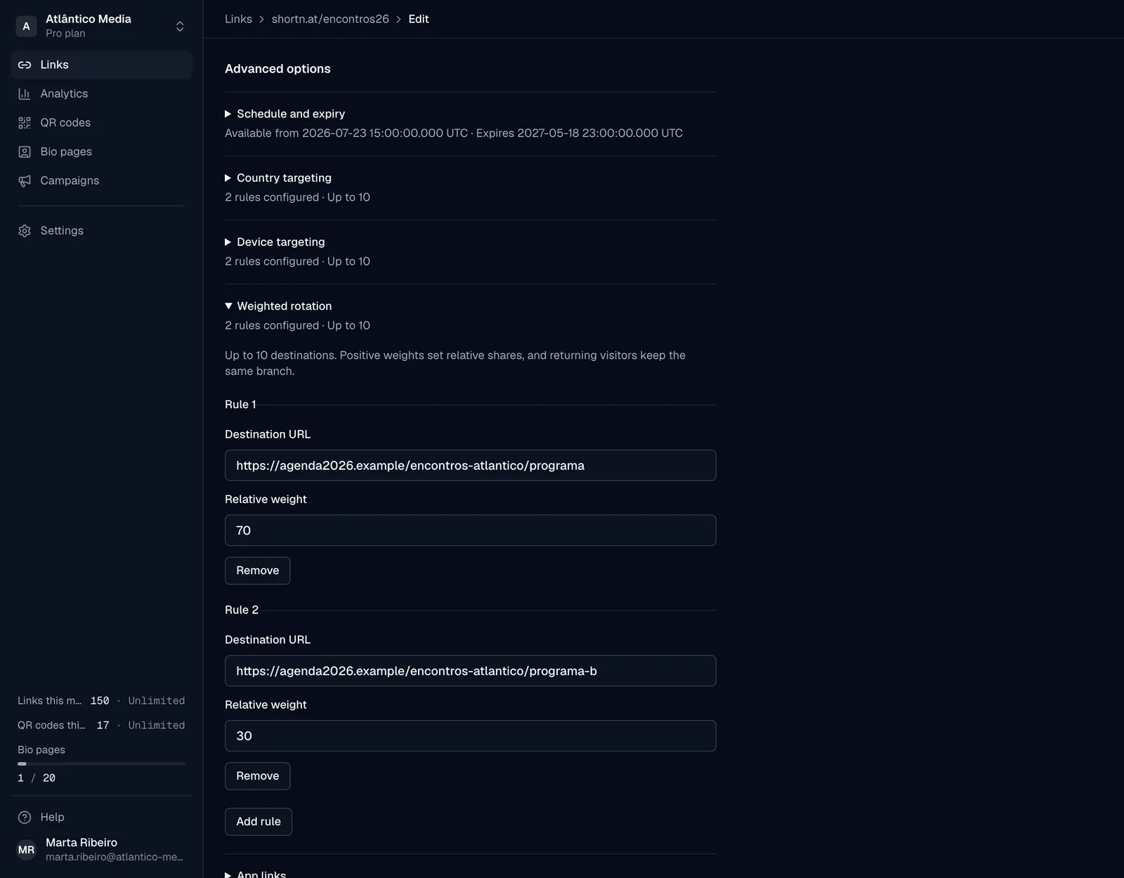 Editing a link's rules: a schedule, device targeting and traffic split between destinations