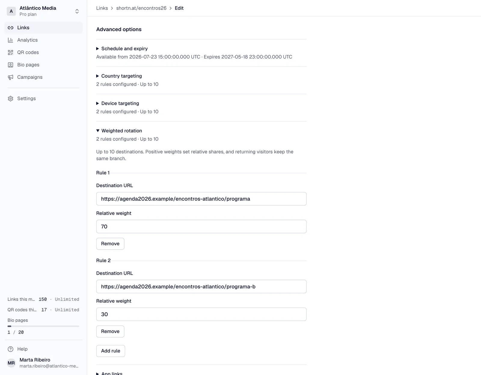 Editing a link's rules: a schedule, device targeting and traffic split between destinations