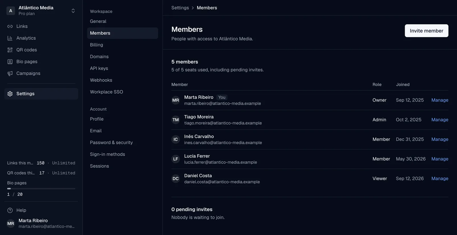 Workspace members with owner, admin, member and viewer roles