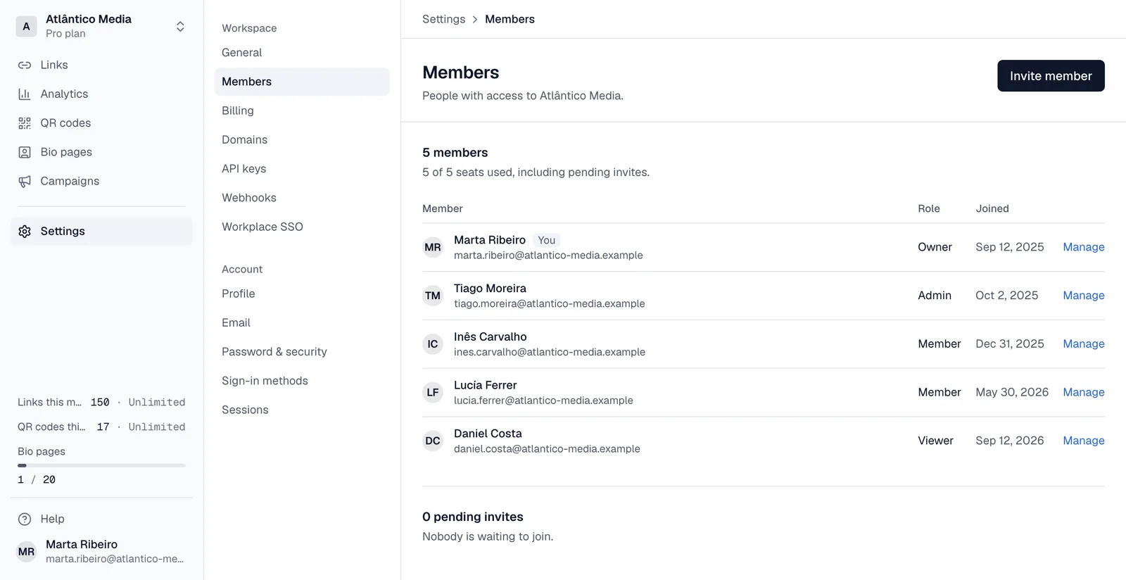 Workspace members with owner, admin, member and viewer roles