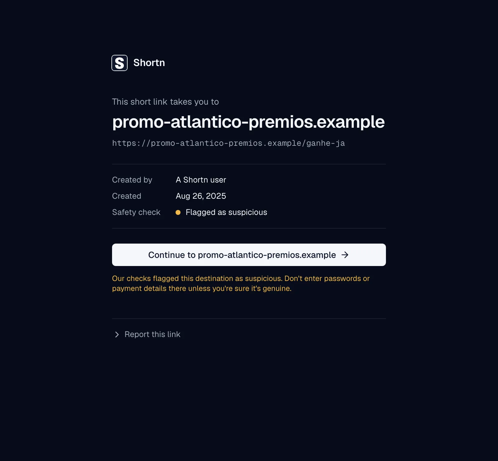 The warning page visitors see before a suspicious destination
