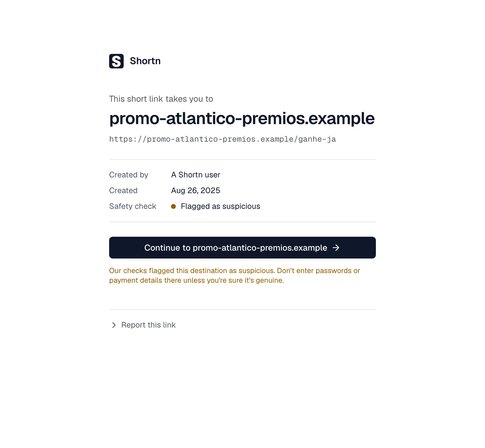 The warning page visitors see before a suspicious destination