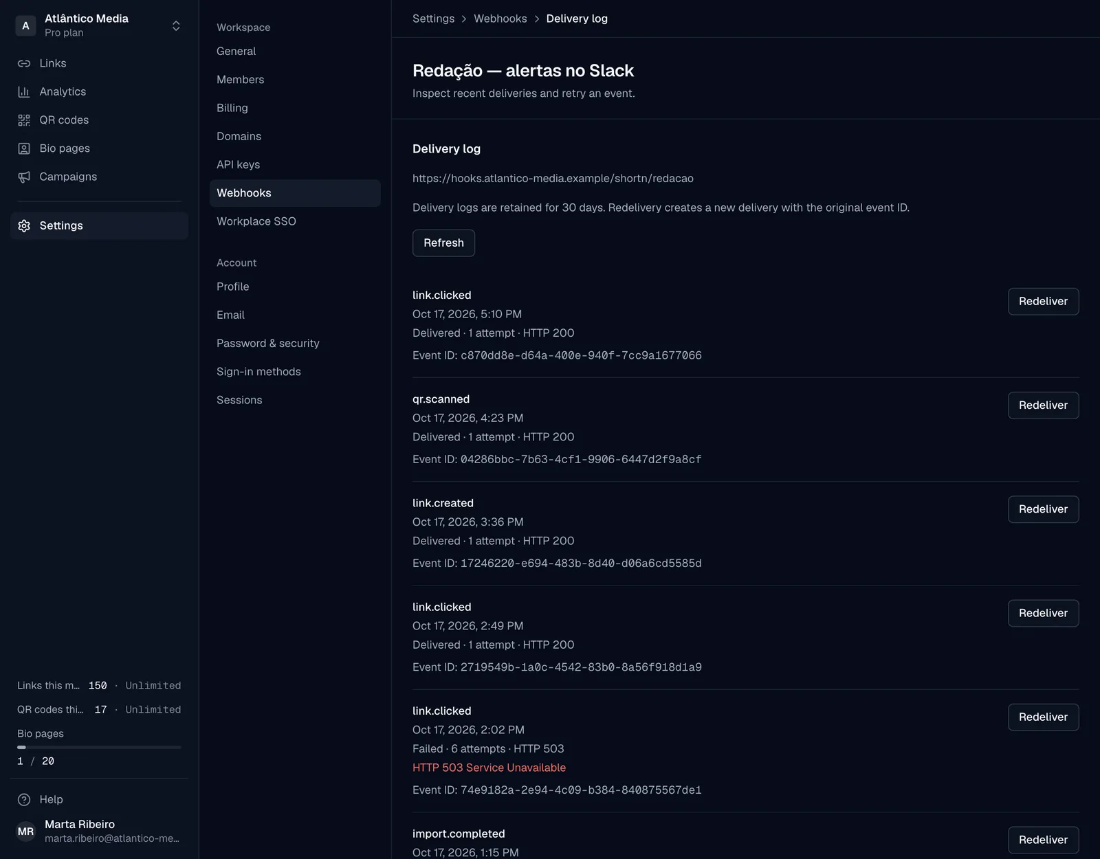 A webhook with its recent deliveries and their response codes