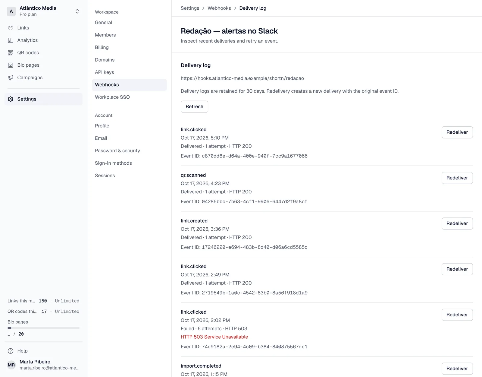 A webhook with its recent deliveries and their response codes